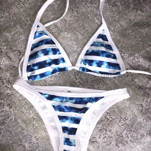 Blue and white tie-dye striped bikini